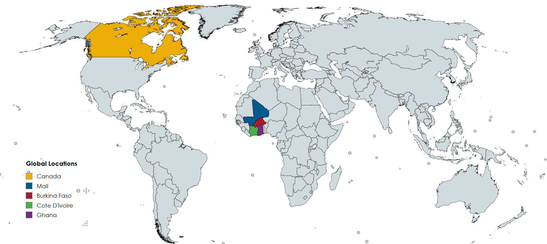 Map showing Yellow Power International's regional presence in Ghana, Mali, and Burkina Faso